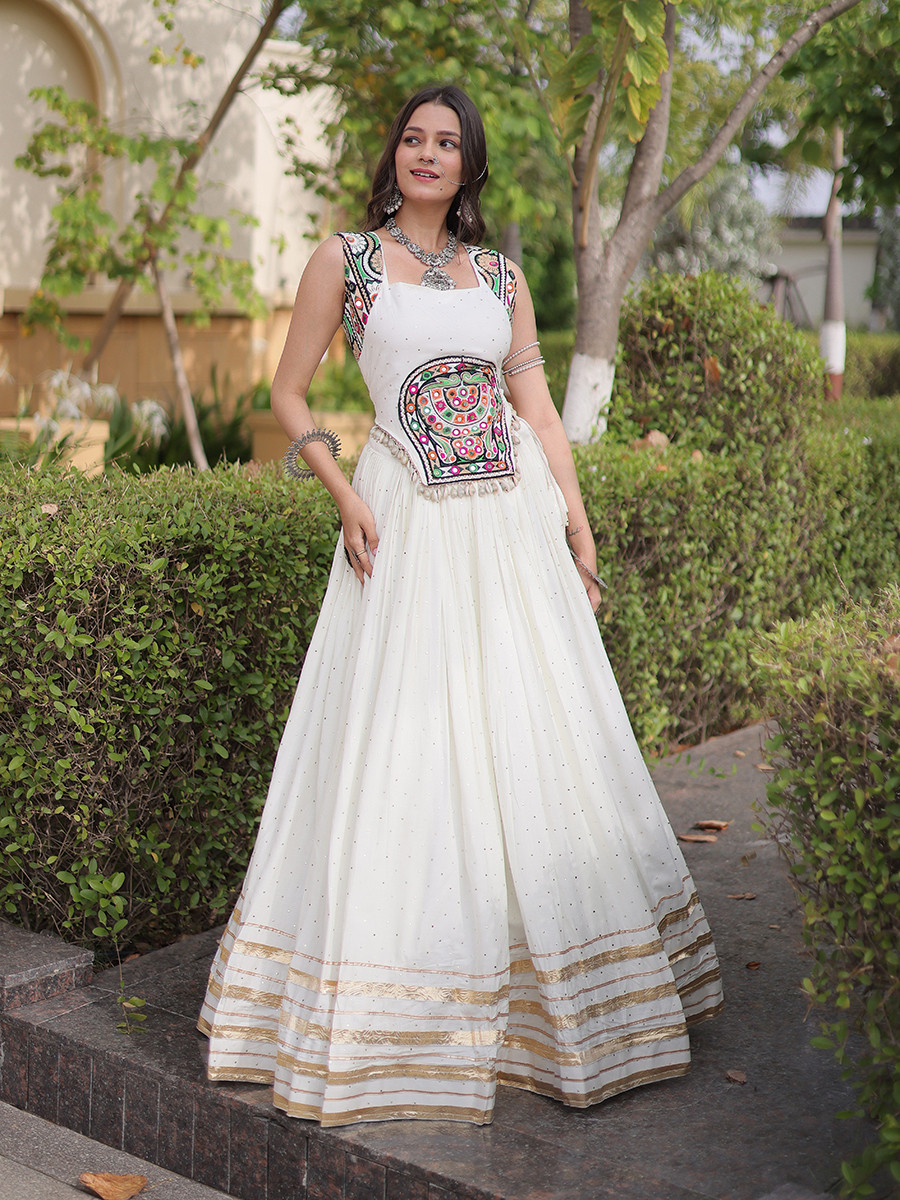White Rayon Gamthi Mirror Work Wedding Reception Festival Party Wear Ready Circular Lehenga Choli