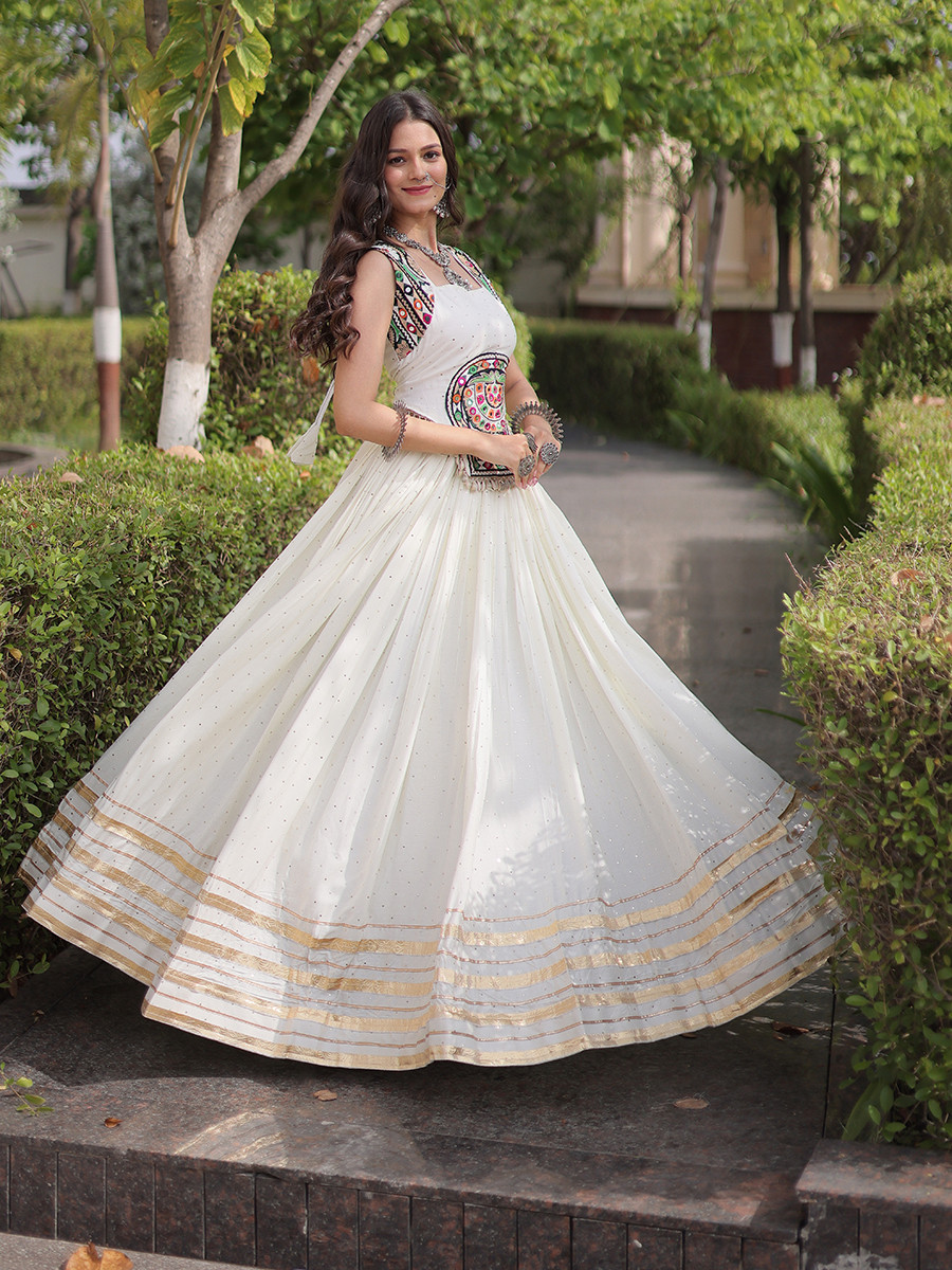 White Rayon Gamthi Mirror Work Wedding Reception Festival Party Wear Ready Circular Lehenga Choli