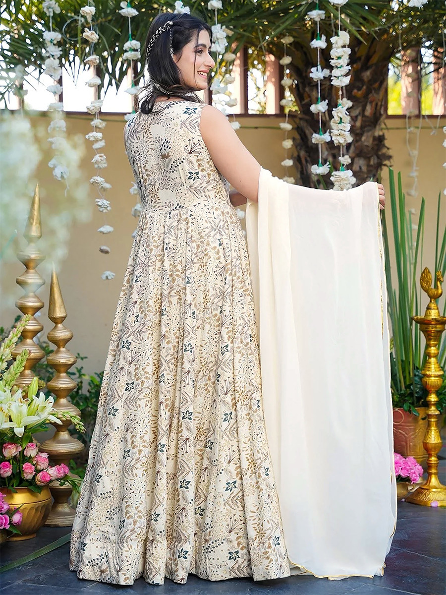 White Rayon Heavy Digital PrintedWedding Party Festival Casual Gown Women Wear
