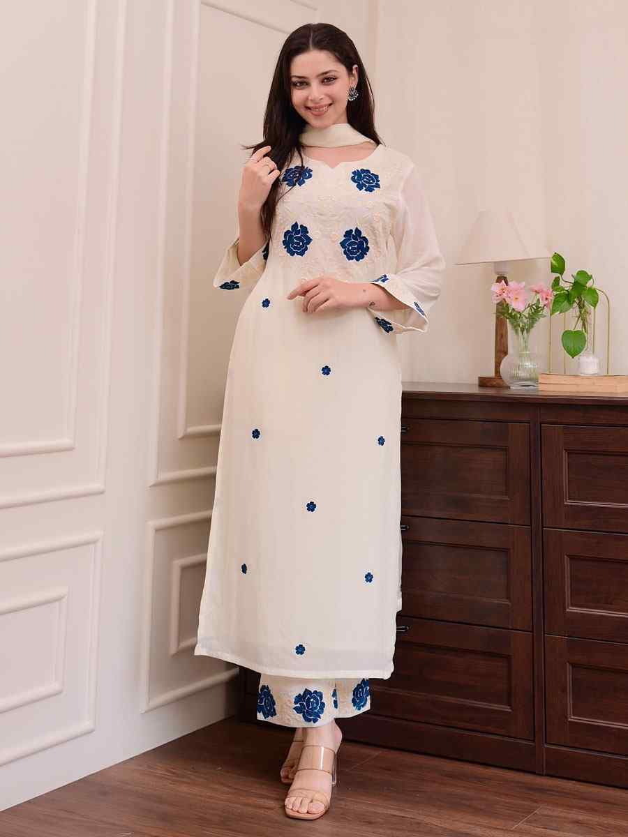 White Rayon Slub Embroidery Party Wedding Festival Casual Ready Pant Salwar Kameez