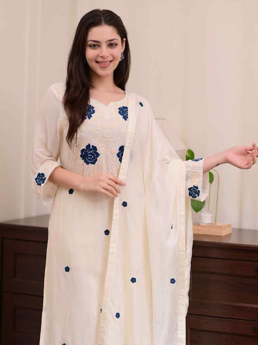 White Rayon Slub Embroidery Party Wedding Festival Casual Ready Pant Salwar Kameez
