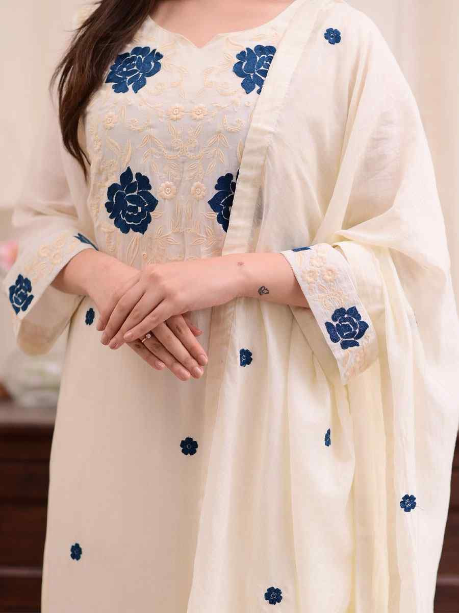 White Rayon Slub Embroidery Party Wedding Festival Casual Ready Pant Salwar Kameez