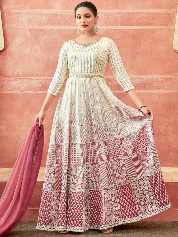 White Real Georgette Embroidered Festival Party Anarkali Salwar Kameez