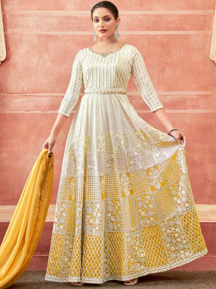 White Real Georgette Embroidered Festival Party Anarkali Salwar Kameez