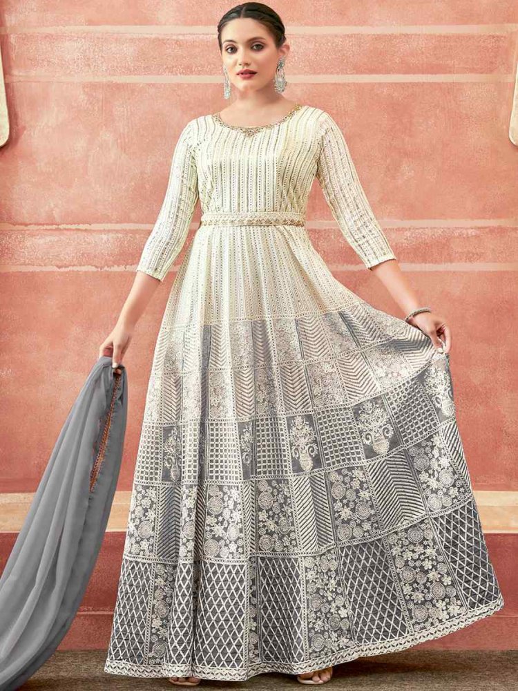 White Real Georgette Embroidered Festival Party Anarkali Salwar Kameez