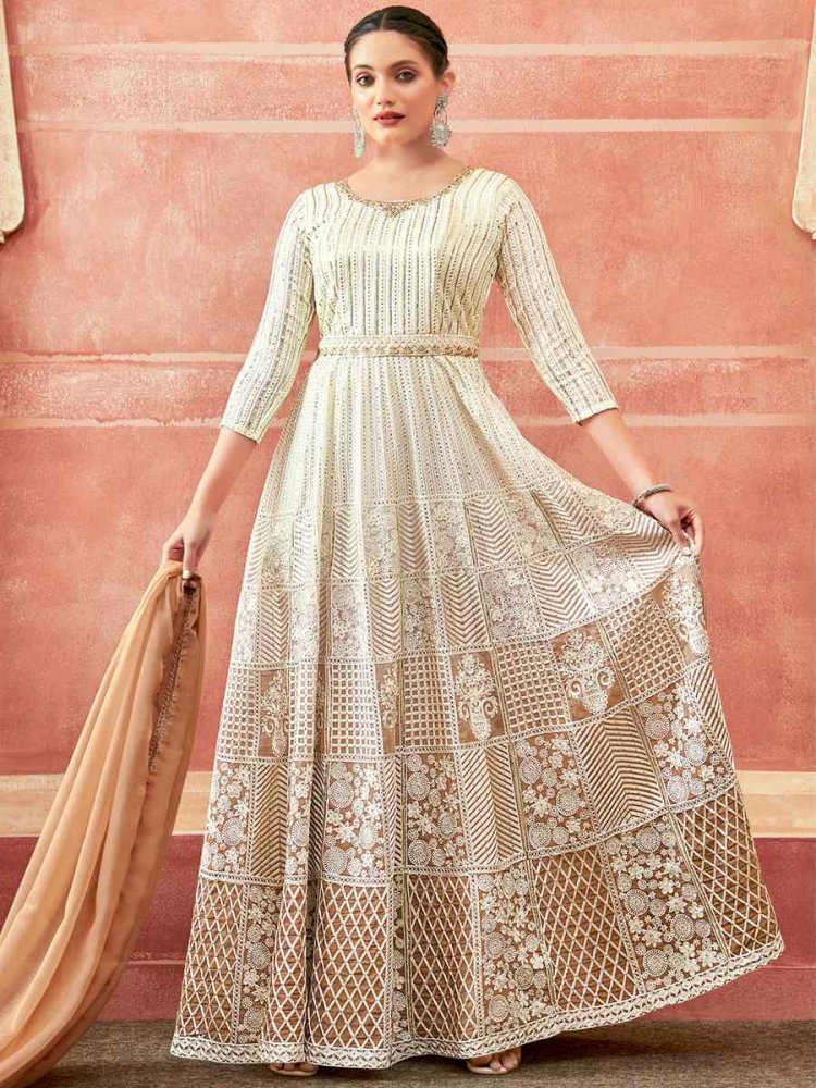 White Real Georgette Embroidered Festival Party Anarkali Salwar Kameez