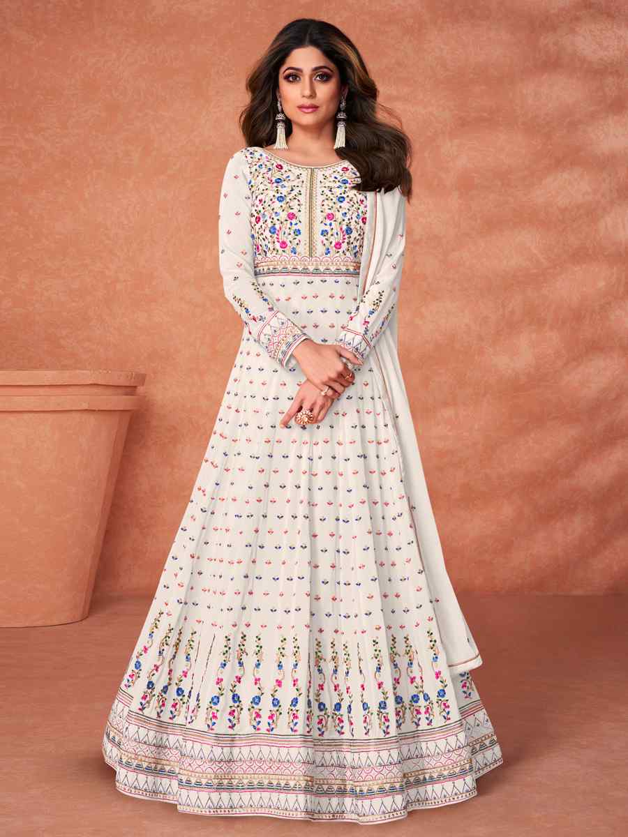 White Real Georgette Embroidered Party Festival Bollywood Style Anarkali Salwar Kameez
