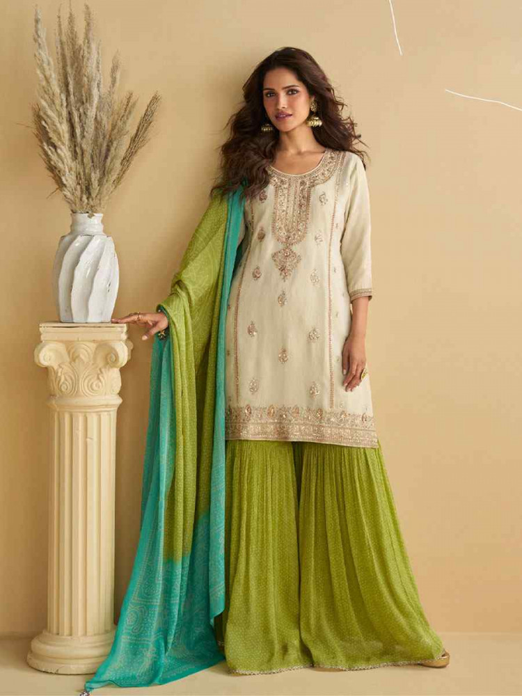 Image of White Real Premium Chinon Silk Embroidery Party Wedding Festival Casual Ready Palazzo Pant Salwar Kameez