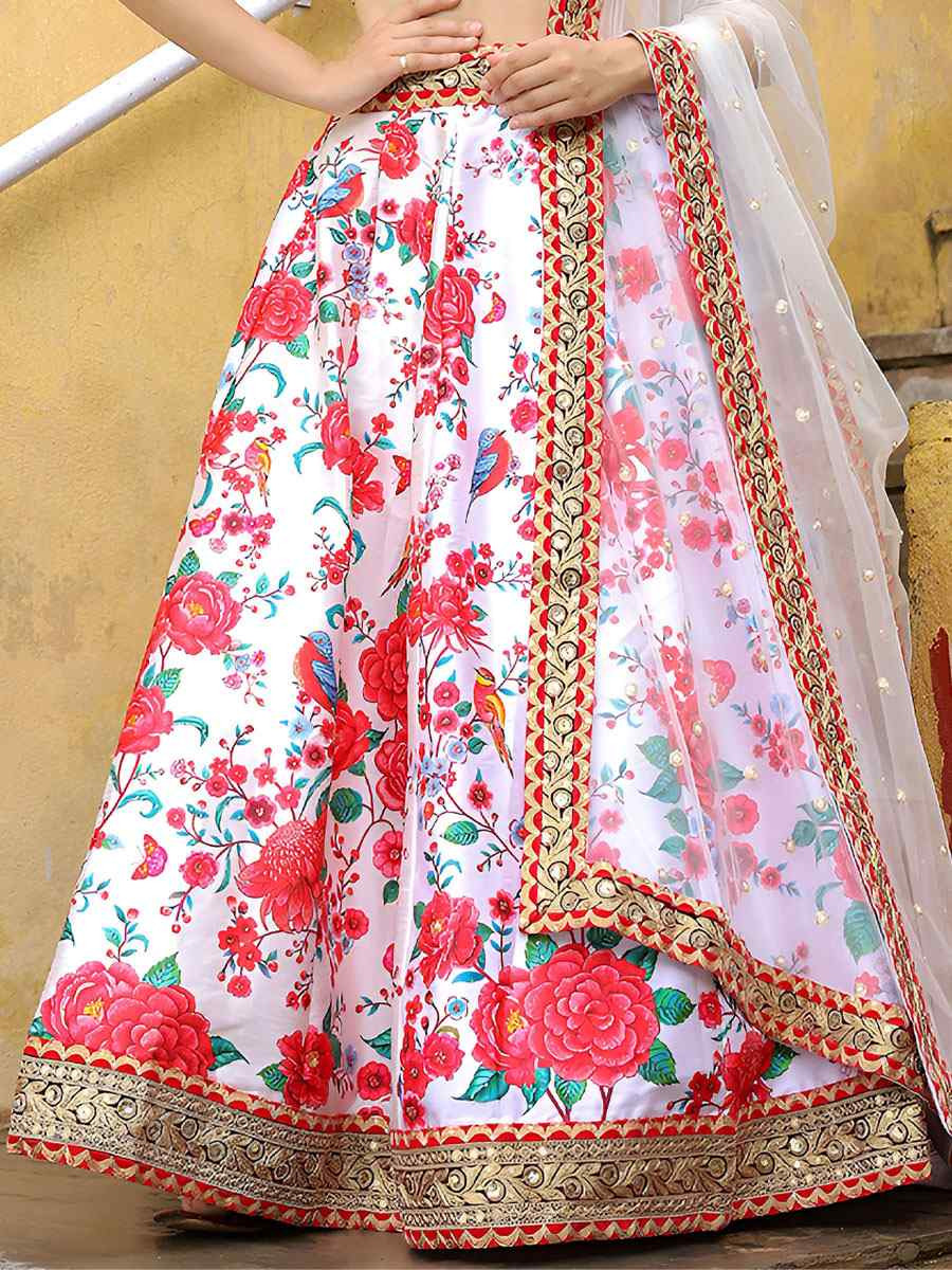 White-Red Art Silk Embroidered Festival Wedding Party Reception Heavy Border Lehenga Choli