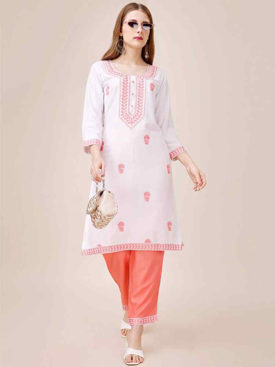 White Riyon Cotton Embroidered Festival Casual Kurti