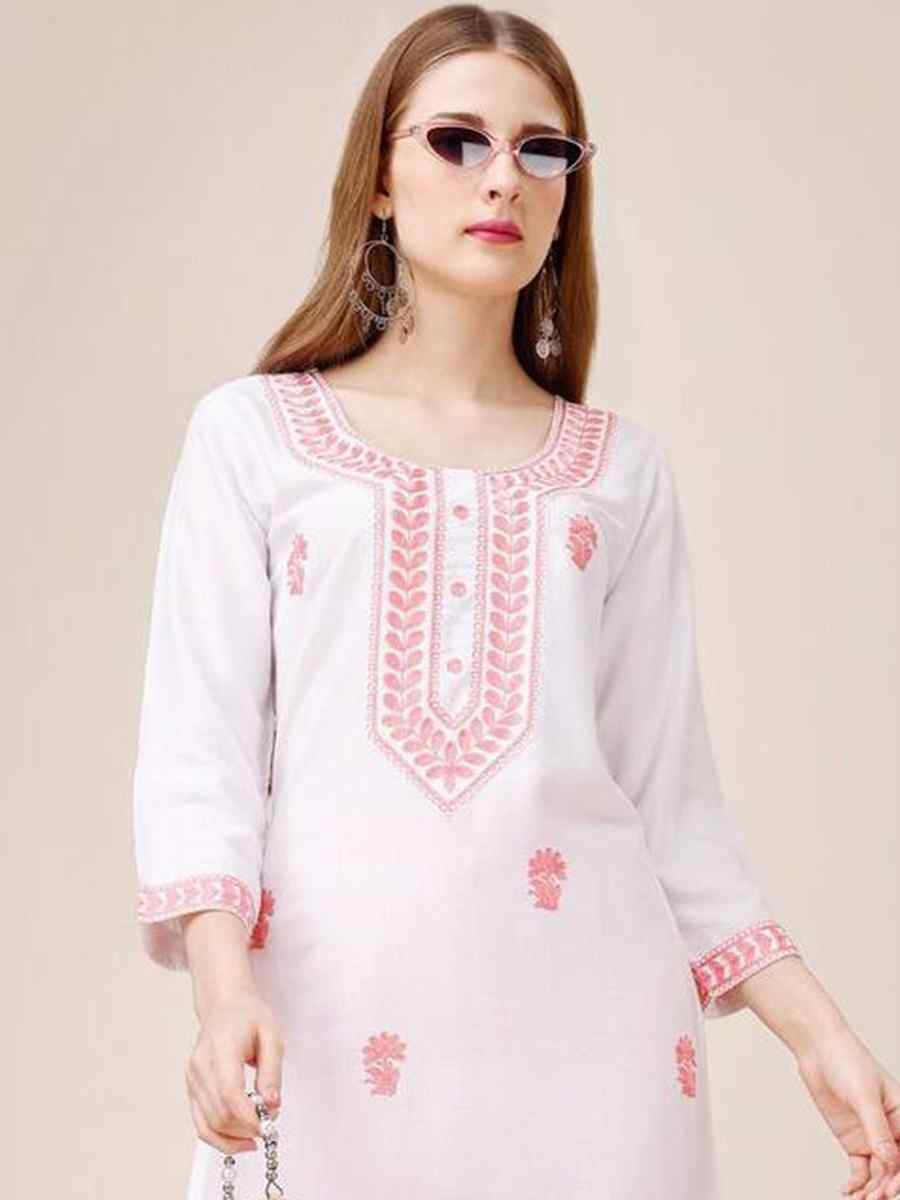 White Riyon Cotton Embroidered Festival Casual Kurti
