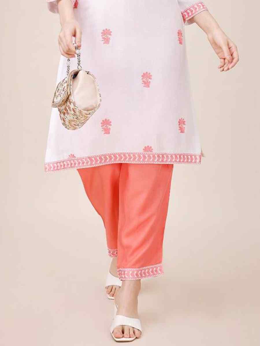 White Riyon Cotton Embroidered Festival Casual Kurti