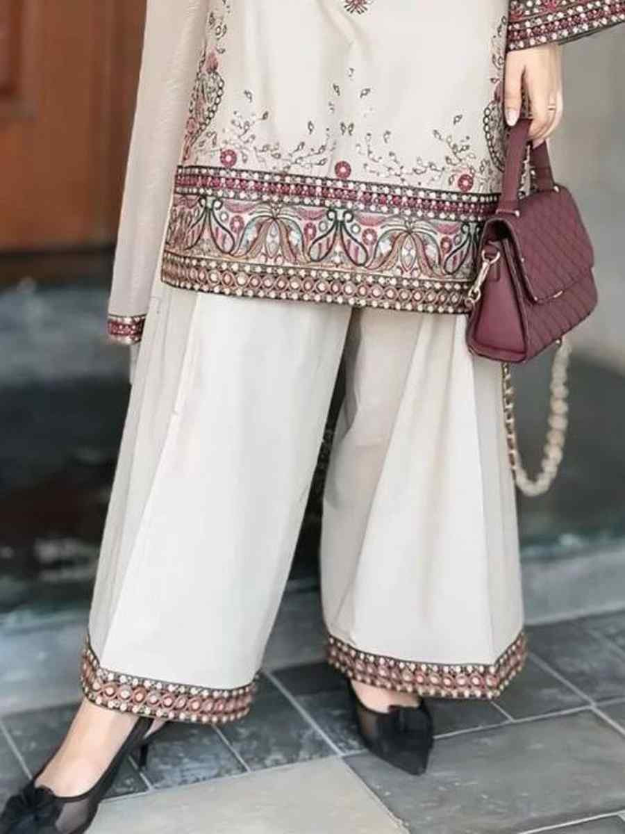 White Roman Silk Embroidered Festival Casual Ready Palazzo Pant Salwar Kameez