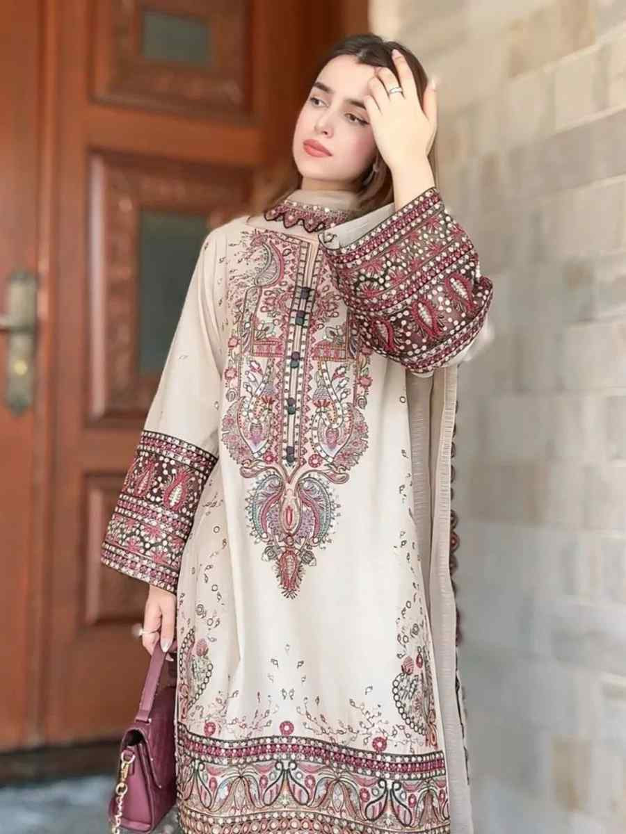 White Roman Silk Embroidered Festival Casual Ready Palazzo Pant Salwar Kameez