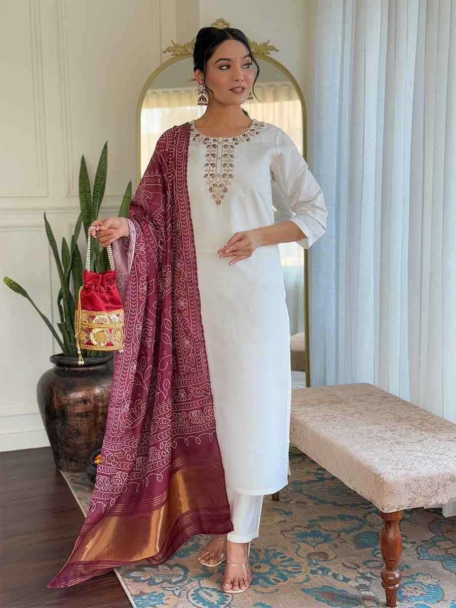 White Roman Silk Embroidered Festival Casual Ready Pant Salwar Kameez