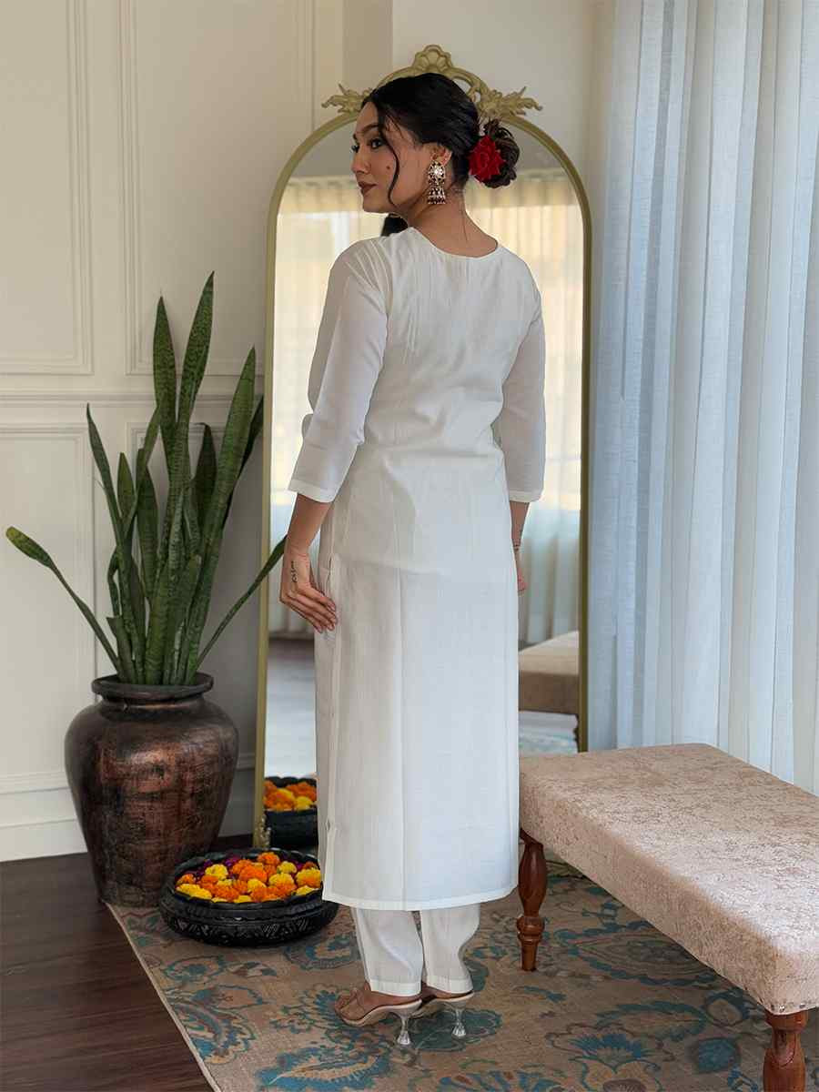 White Roman Silk Embroidered Festival Casual Ready Pant Salwar Kameez