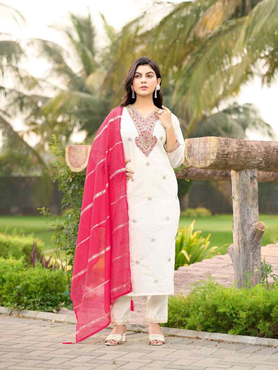 White Roman Silk Embroidery Party Wedding Festival Casual Ready Pant Salwar Kameez