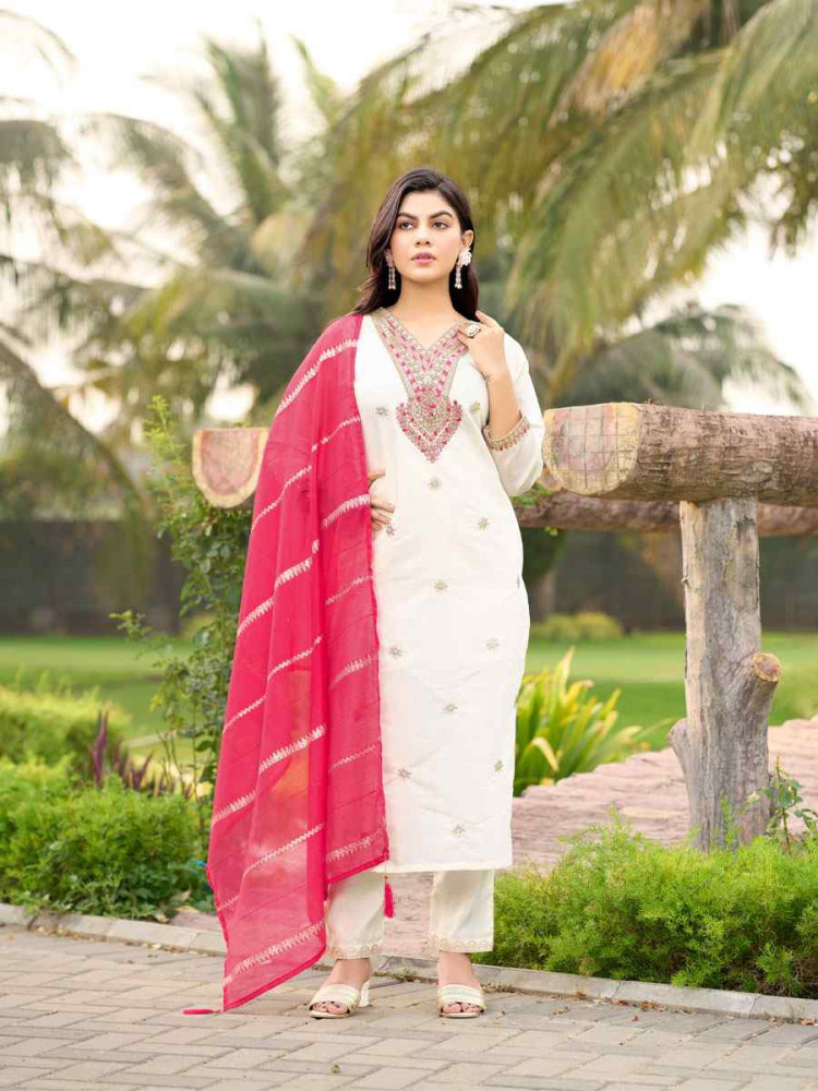 Image of White Roman Silk Embroidery Party Wedding Festival Casual Ready Pant Salwar Kameez