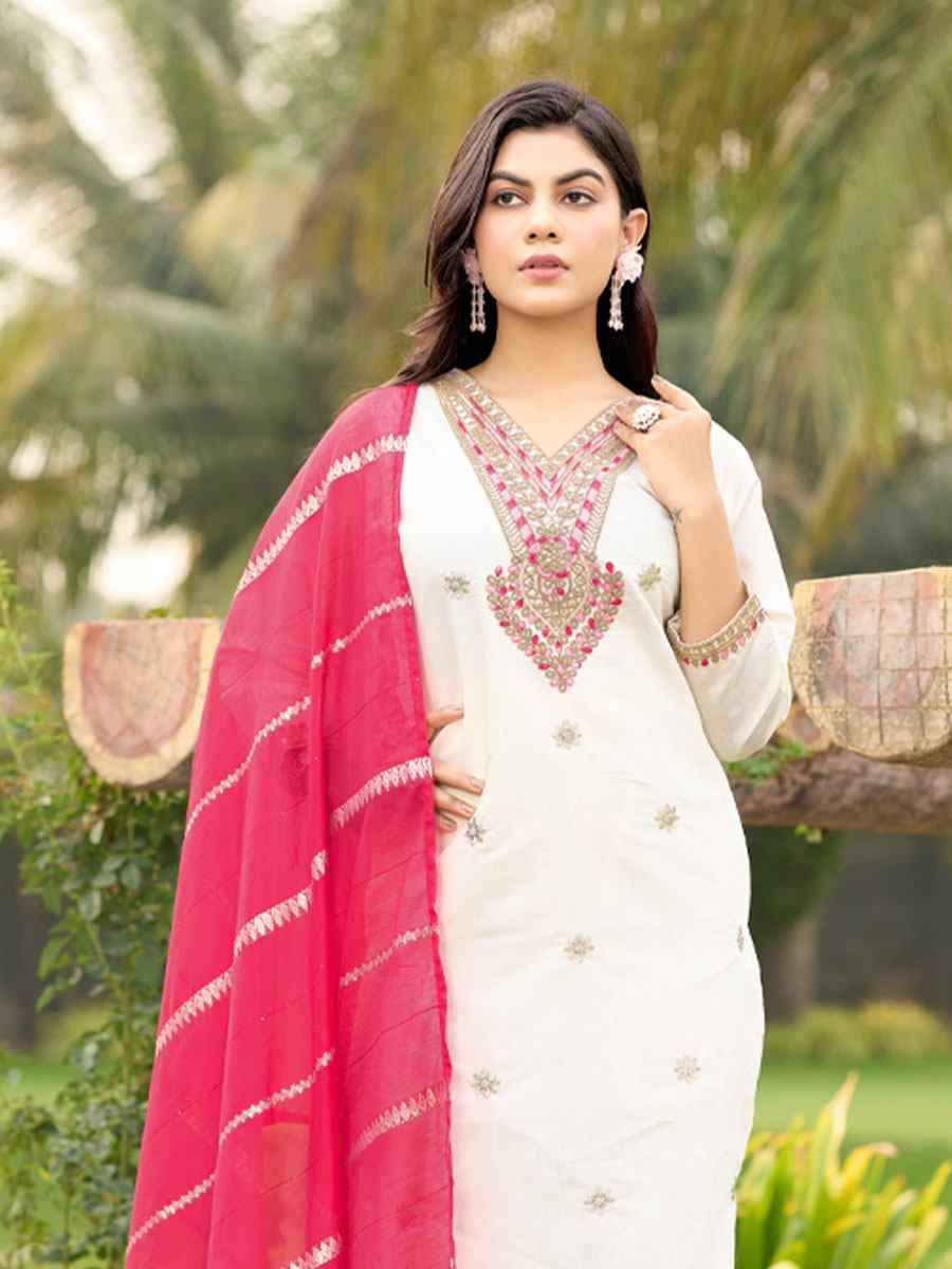 White Roman Silk Embroidery Party Wedding Festival Casual Ready Pant Salwar Kameez
