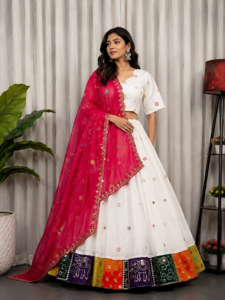 Image of White Roman silk Embroidery Sequins Wedding Reception Festival Ready Heavy Border Lehenga Choli