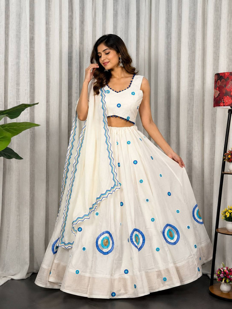 Image of White Roman silk Mirror Work Pom-Pom Lace Wedding Reception Festival Ready Heavy Border Lehenga Choli