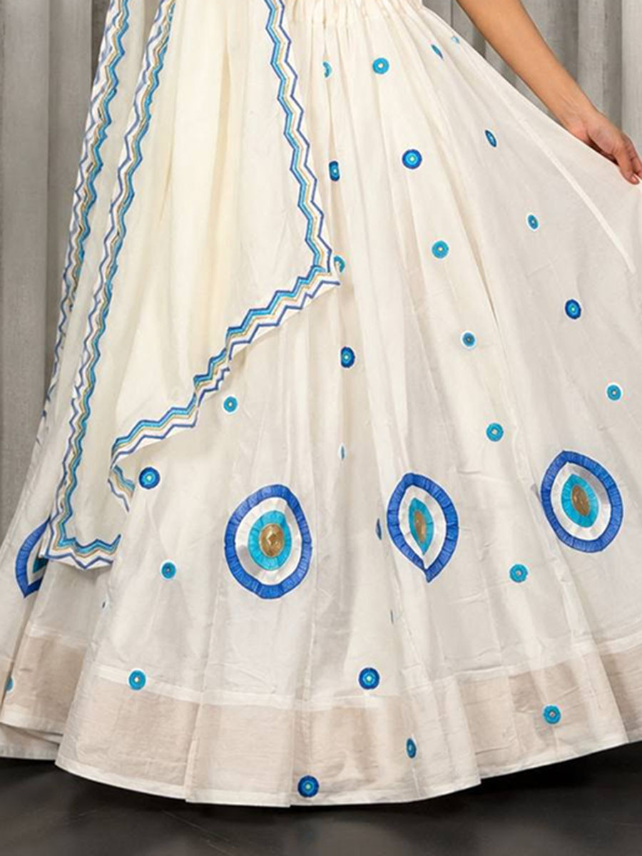 White Roman silk Mirror Work Pom-Pom Lace Wedding Reception Festival Ready Heavy Border Lehenga Choli