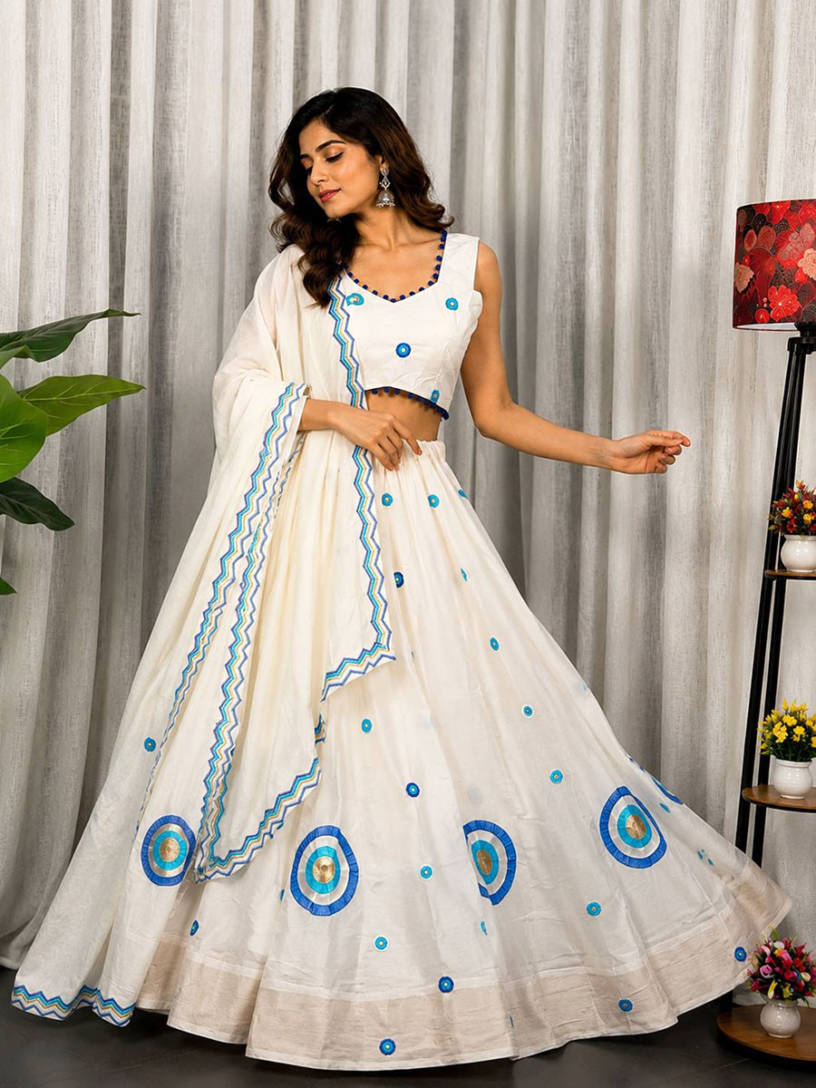 White Roman silk Mirror Work Pom-Pom Lace Wedding Reception Festival Ready Heavy Border Lehenga Choli