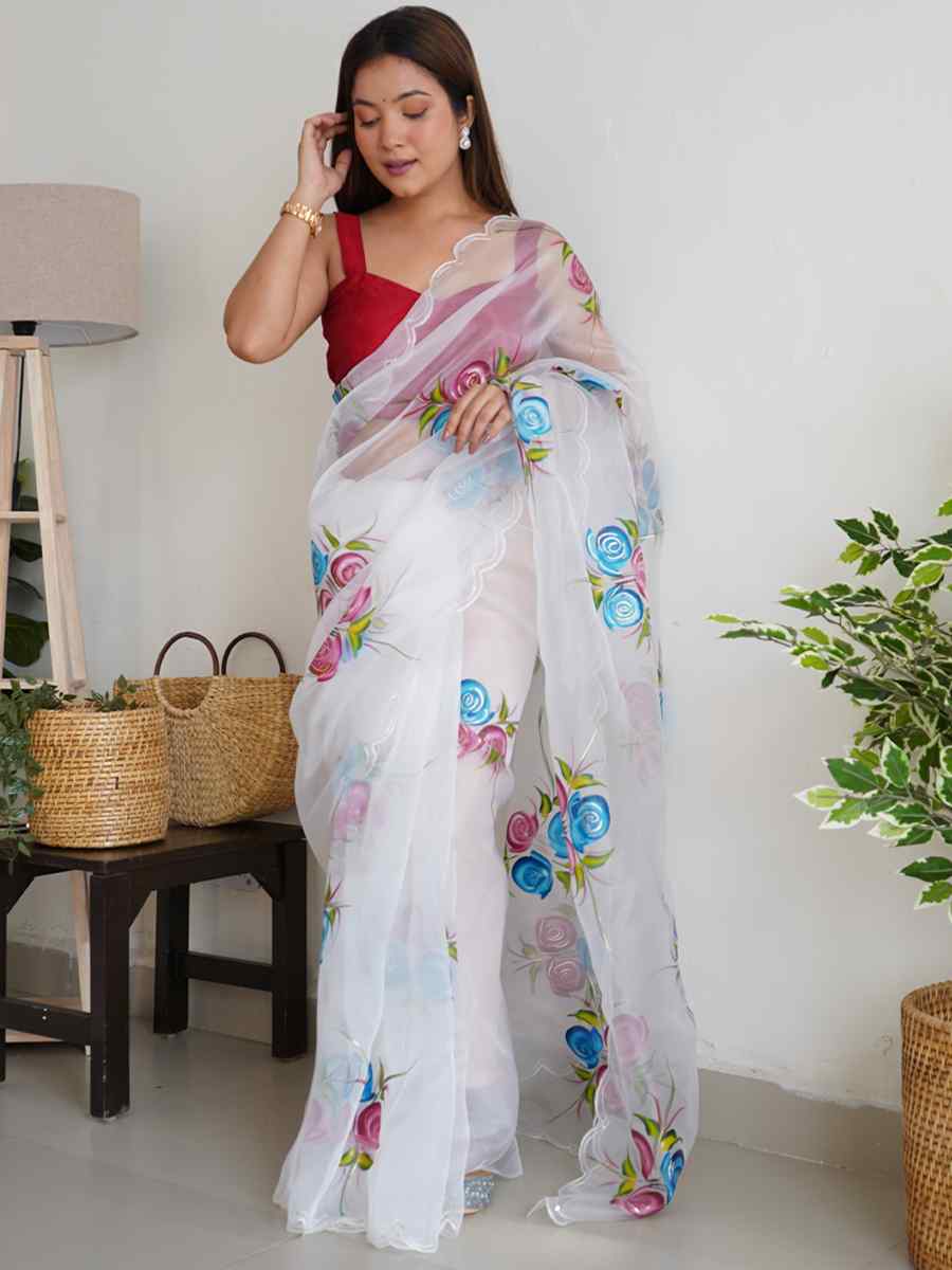 White Satin Banglori Handwoven Party Festival Classic Style Saree