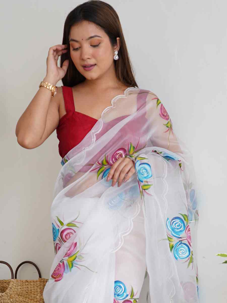 White Satin Banglori Handwoven Party Festival Classic Style Saree