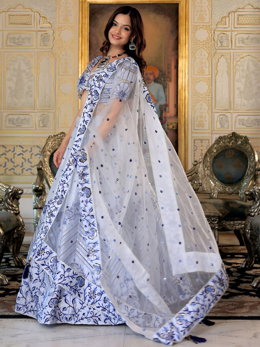 White Satin Embroidery Sequins Wedding Reception Party Festival Heavy Border Lehenga Choli