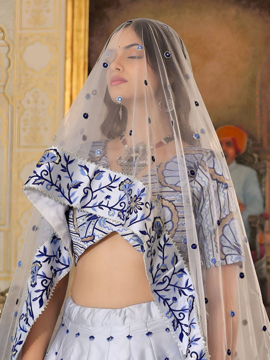 White Satin Embroidery Sequins Wedding Reception Party Festival Heavy Border Lehenga Choli
