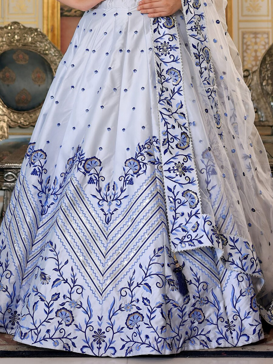 White Satin Embroidery Sequins Wedding Reception Party Festival Heavy Border Lehenga Choli