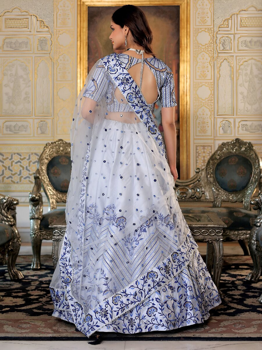 White Satin Embroidery Sequins Wedding Reception Party Festival Heavy Border Lehenga Choli