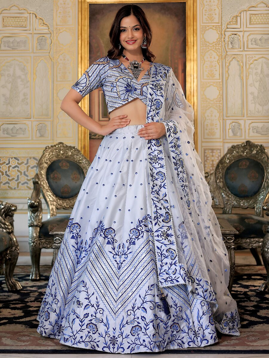 White Satin Embroidery Sequins Wedding Reception Party Festival Heavy Border Lehenga Choli