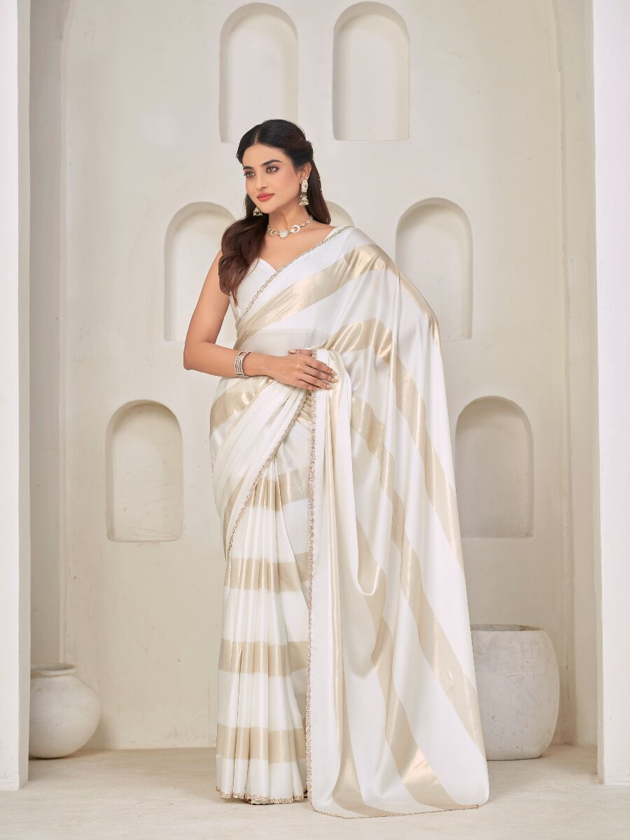 White Satin silk Zircon Stone Wedding Reception Party Festival Casual Classic Style Sarees