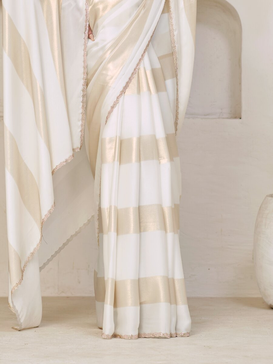 White Satin silk Zircon Stone Wedding Reception Party Festival Casual Classic Style Sarees