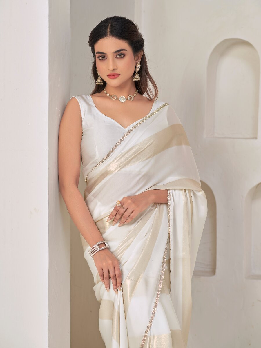 White Satin silk Zircon Stone Wedding Reception Party Festival Casual Classic Style Sarees