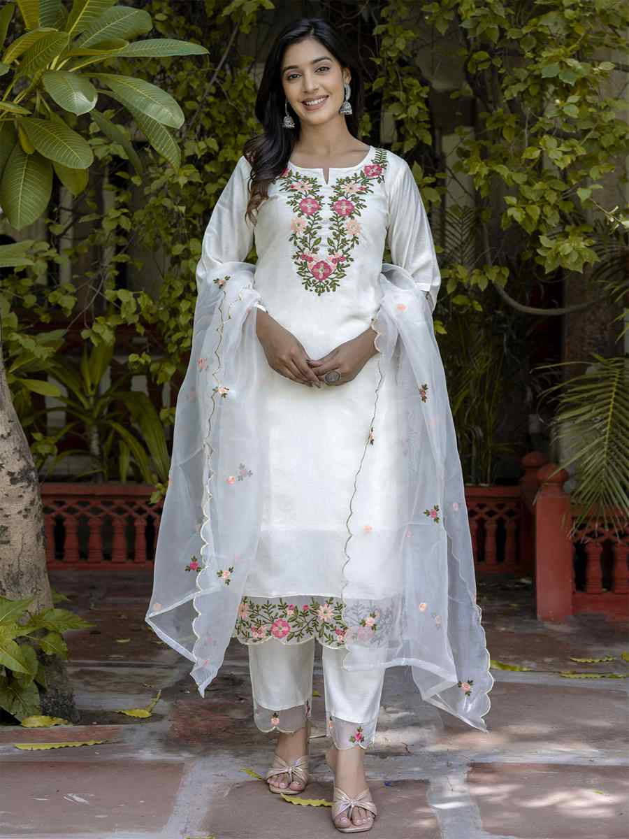 White Silk Blend Embroidery Party Wedding Festival Casual Ready Pant Salwar Kameez