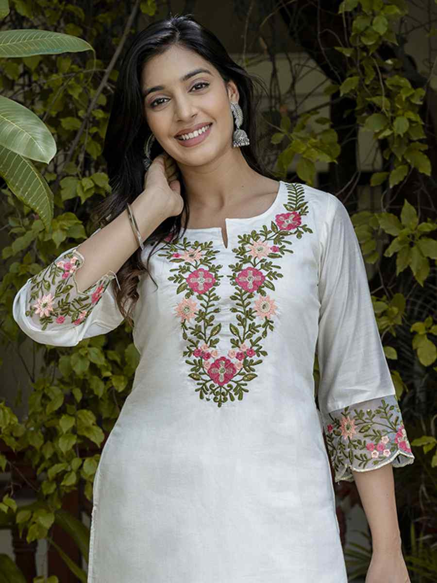 White Silk Blend Embroidery Party Wedding Festival Casual Ready Pant Salwar Kameez