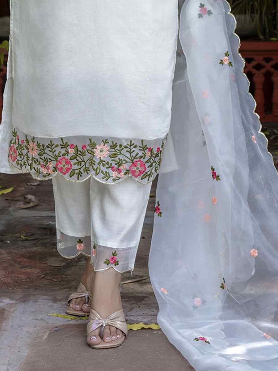 White Silk Blend Embroidery Party Wedding Festival Casual Ready Pant Salwar Kameez
