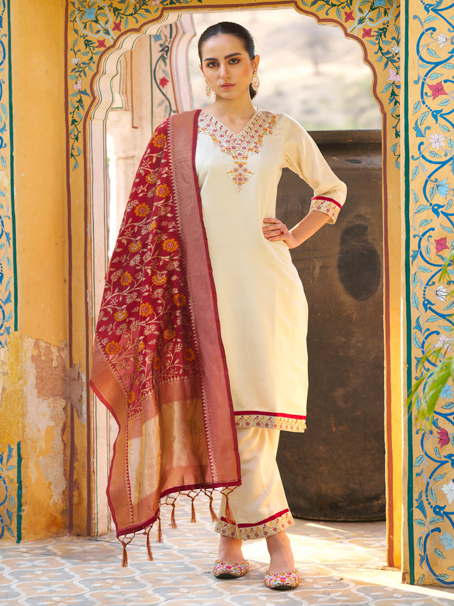 White Silk Blend Embroidery Sequins Wedding Party Festival Casual Ready Pant Salwar Kameez