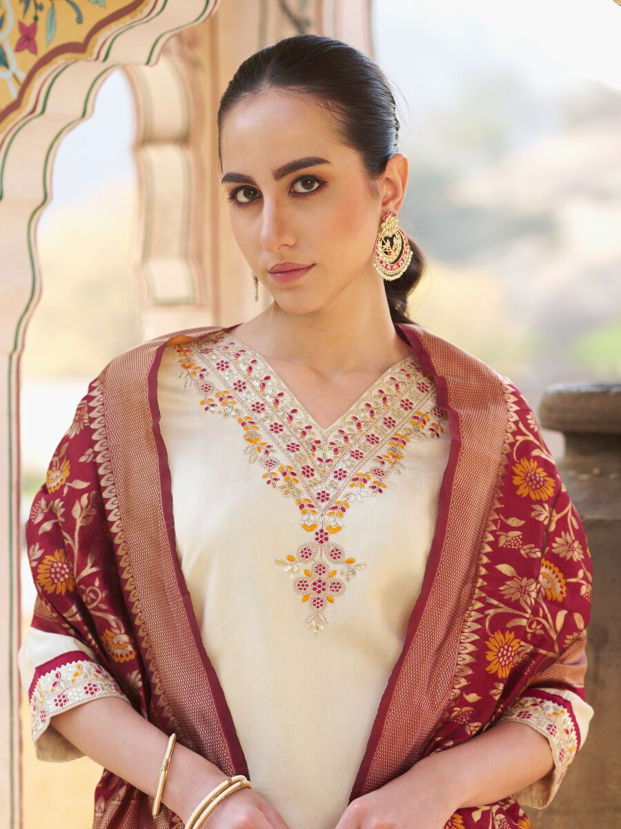 White Silk Blend Embroidery Sequins Wedding Party Festival Casual Ready Pant Salwar Kameez