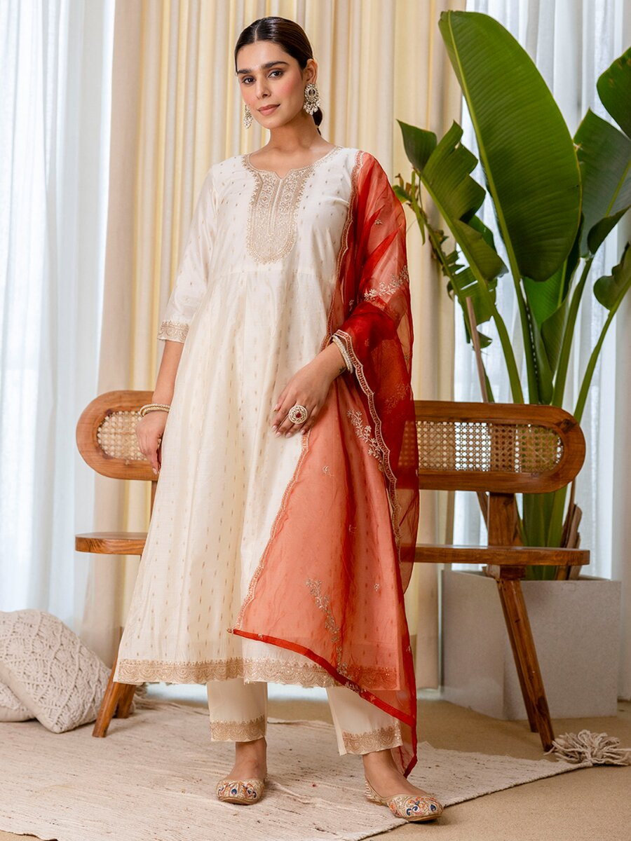 White Silk Blend Embroidery Wedding Festival Casual Party Ready Pant Salwar Kameez