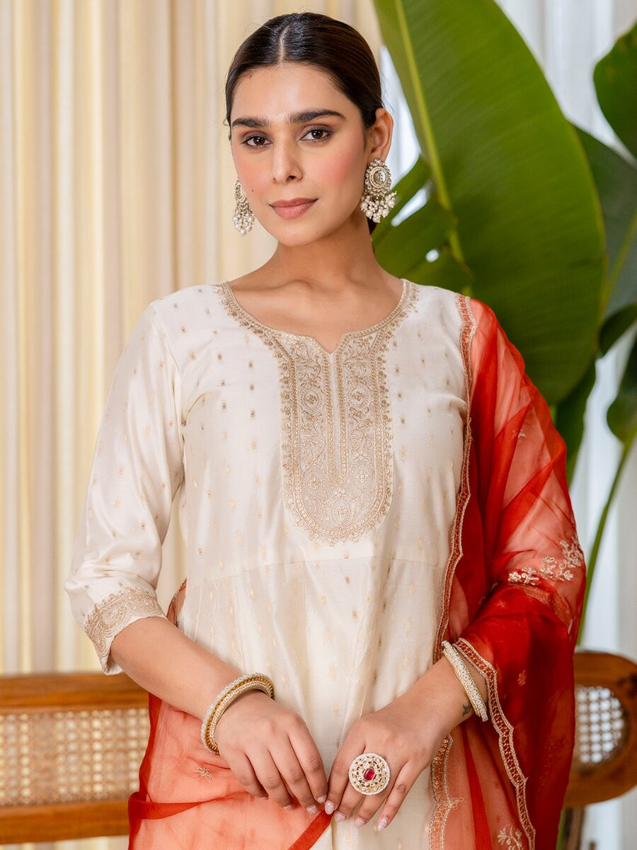 White Silk Blend Embroidery Wedding Festival Casual Party Ready Pant Salwar Kameez