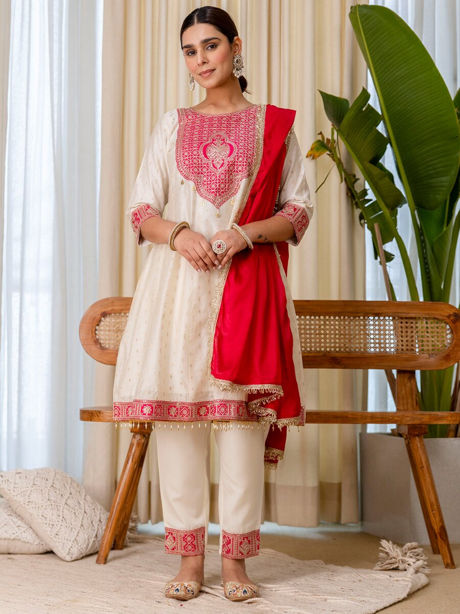White Silk Blend Embroidery Wedding Festival Casual Party Ready Pant Salwar Kameez