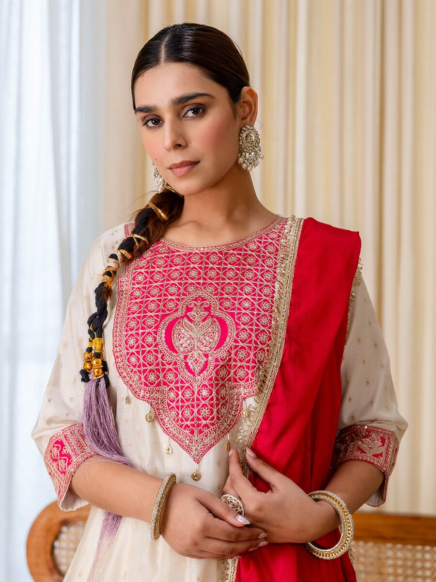 White Silk Blend Embroidery Wedding Festival Casual Party Ready Pant Salwar Kameez