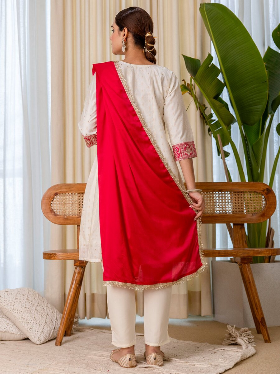 White Silk Blend Embroidery Wedding Festival Casual Party Ready Pant Salwar Kameez