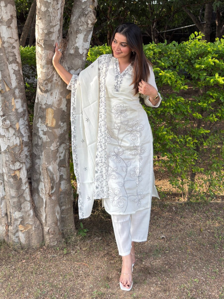 Image of White Silk Blend Embroidery Wedding Party Festival Casual Ready Pant Salwar Kameez