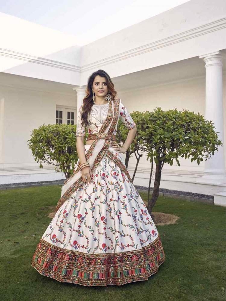 White Silk Embroidered Bridal Reception Heavy Border Lehenga Choli