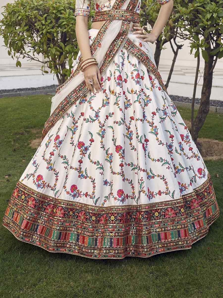 White Silk Embroidered Bridal Reception Heavy Border Lehenga Choli